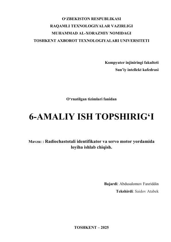 Radiochastotali identifikator va servo motor yordamida loyiha ishlab chiqish.