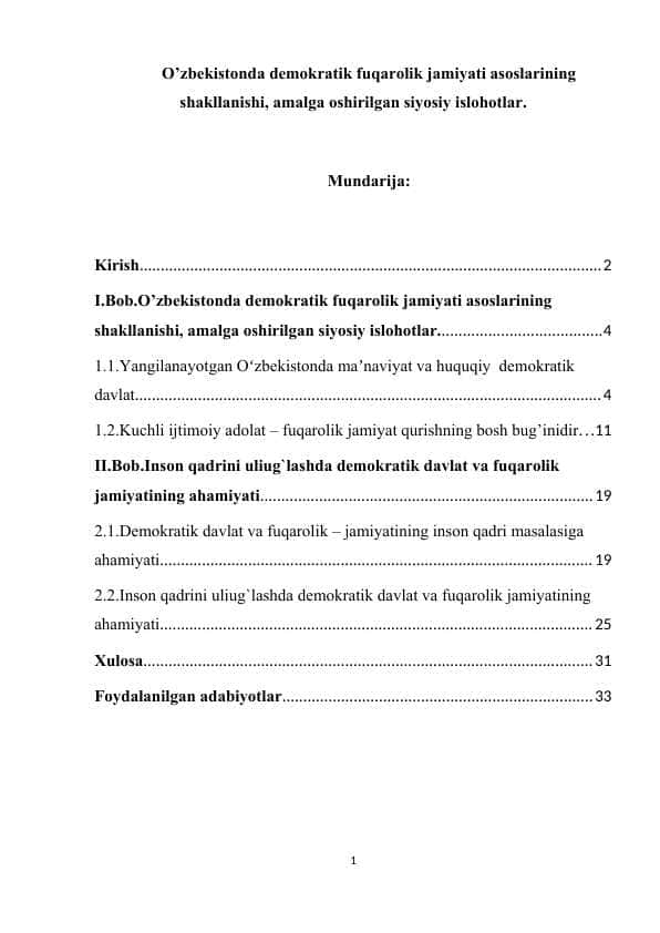 O’zbekistonda demokratik fuqarolik jamiyati asoslarining shakllanishi, amalga oshirilgan siyosiy islohotlar