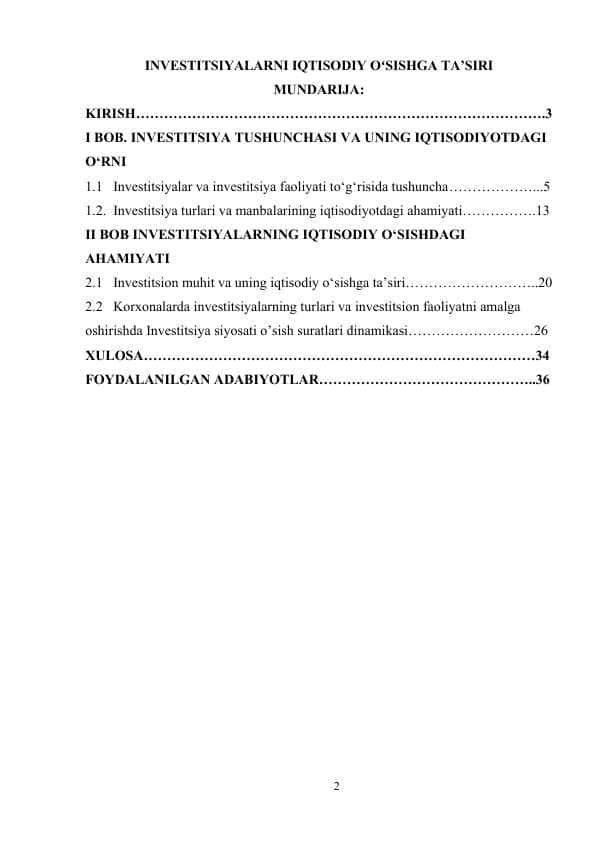 INVESTITSIYALARNI IQTISODIY OʻSISHGA TA’SIRI