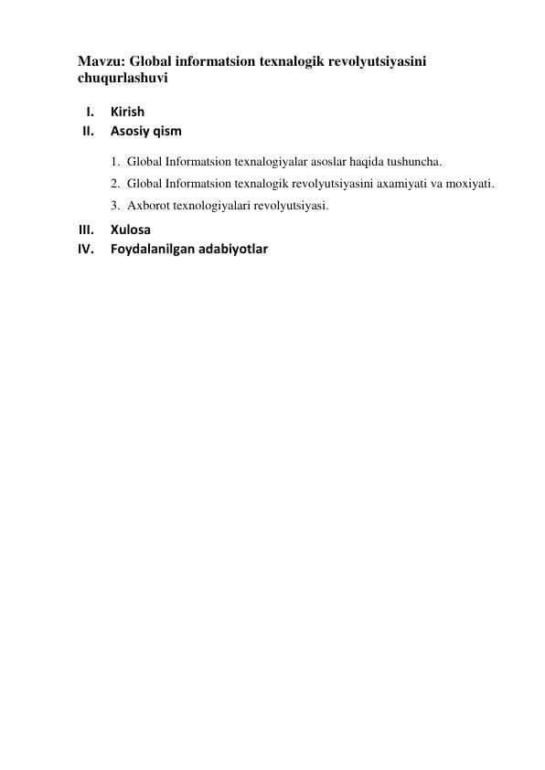 Global informatsion texnalogik revolyutsiyasini chuqurlashuvi