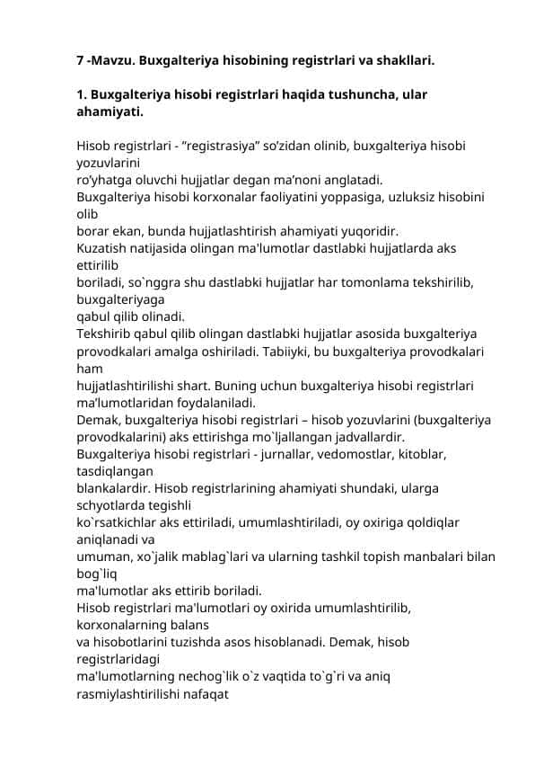 Buxgalteriya hisobining registrlari va shakllari.