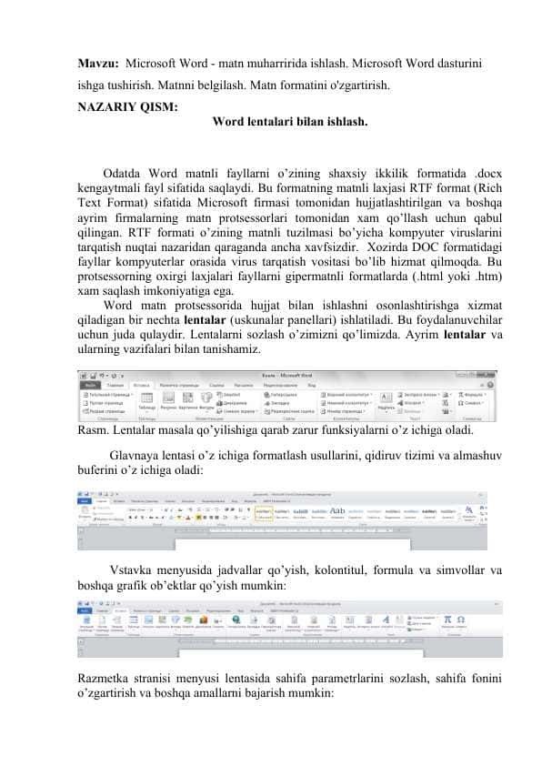 Microsoft Word - matn muharririda ishlash. Microsoft Word dasturini ishga tushirish. Matnni belgilash. Matn formatini o'zgartirish.