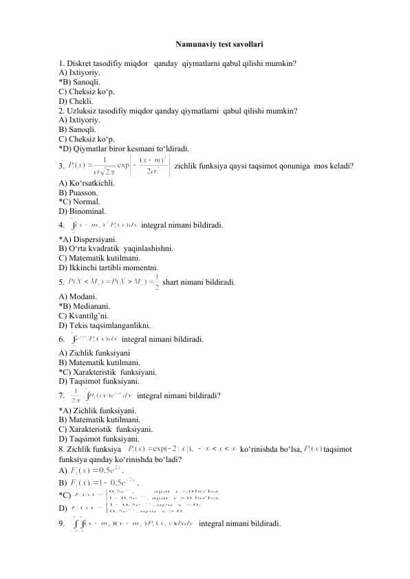 Extimollik va statistika fanidan namunaviy test savollari