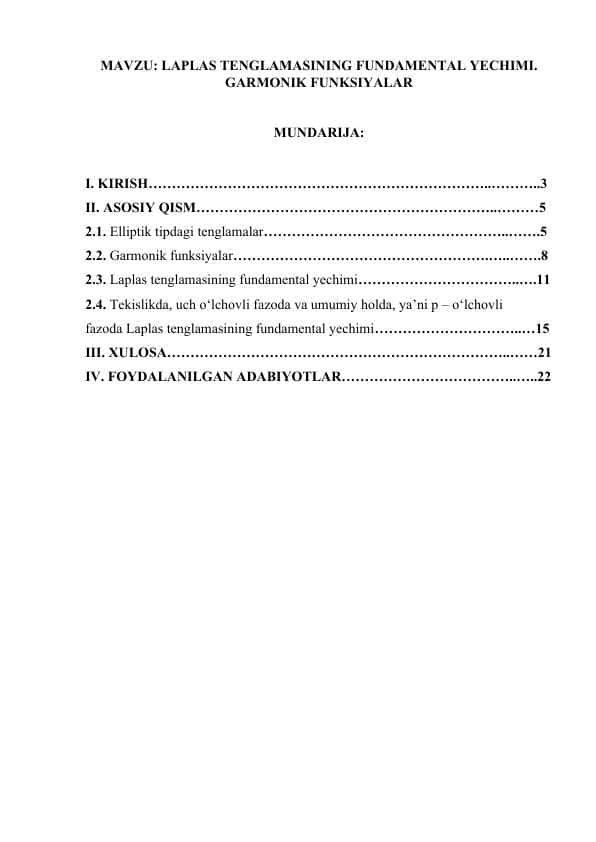 LAPLAS TENGLAMASINING FUNDAMENTAL YECHIMI. GARMONIK FUNKSIYALAR.doc