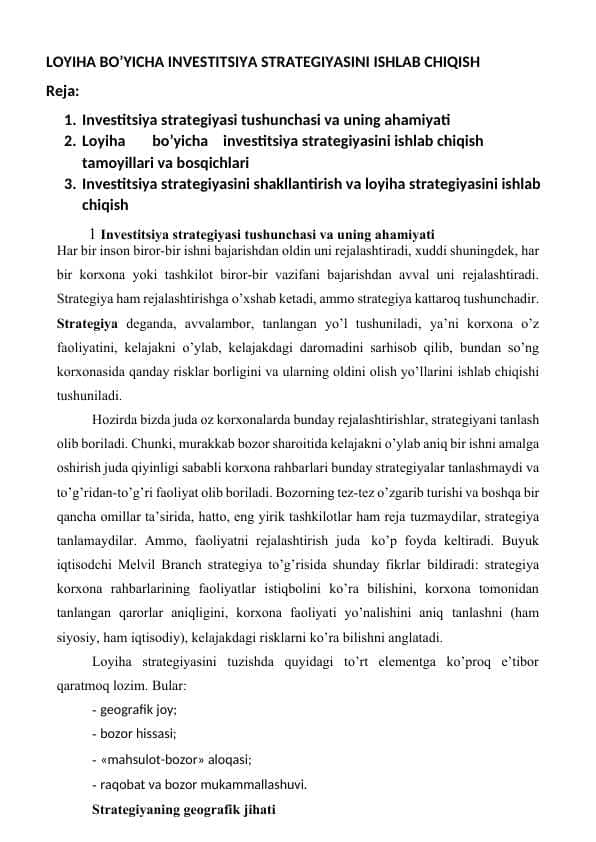 Loyiha bo’yicha investitsiya strategiyasini ishlab chiqish.
