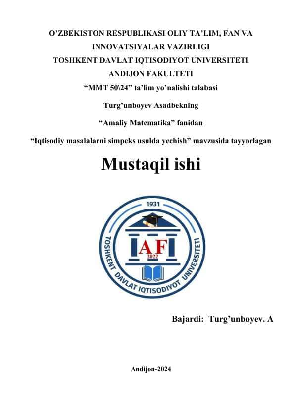 Iqtisodiy masalalarni simpleks usulda yechish
