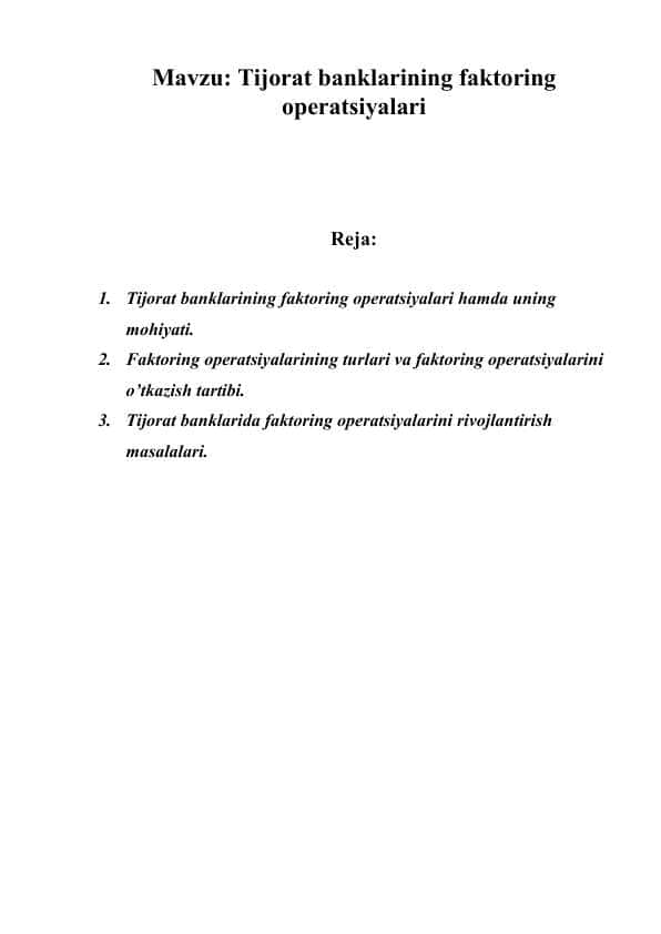 Tijorat banklarining faktoring operatsiyalari