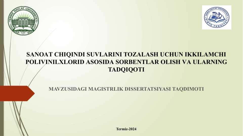 SАNOАT CHIQINDI SUVLАRINI TOZАLАSH UCHUN IKKILАMCHI POLIVINILXLORID АSOSIDА SORBENTLАR OLISH VА ULАRNING TADQIQOTI