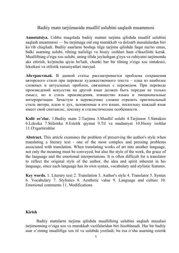 Badiiy matn tarjiimasida muallif uslubini saqlash muammosi MAQOLA.docx