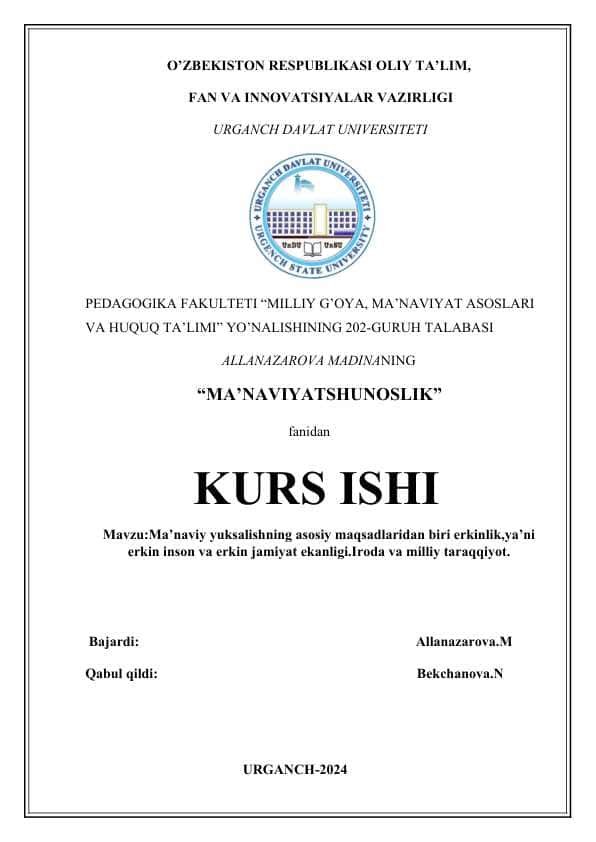 Ma’naviy yuksalishning asosiy maqsadlaridan biri erkinlik,ya’ni erkin inson va erkin jamiyat ekanligi.Iroda va milliy taraqqiyot..docx