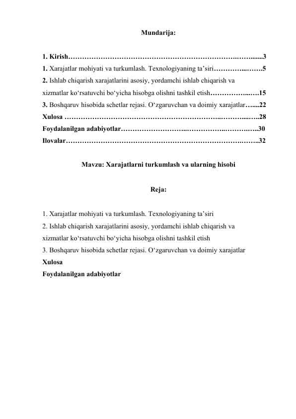 XARAJATLARNI TURKUMLASH VA ULARNING HISOBI.docx
