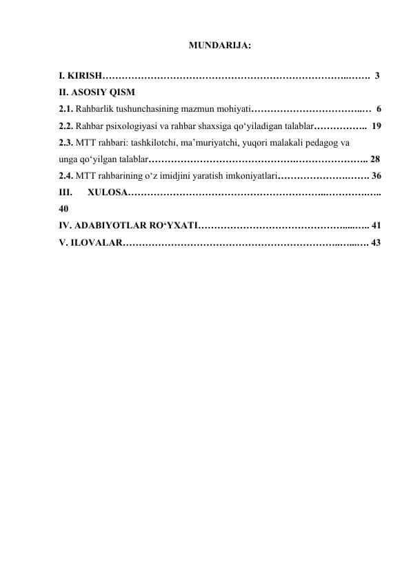 MUDIRA TASHKILOTCHI, MA’MURIYATCHI VA YUQORI MALAKALI PEDAGOG VA UNGA QO‘YILGAN TALABLAR..docx