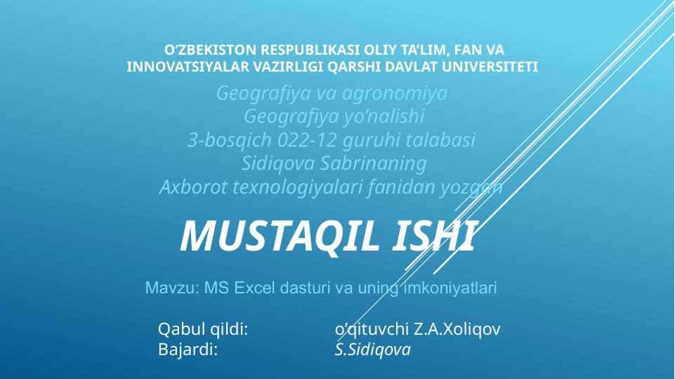 MS Excel dasturi va uning imkoniyatlari