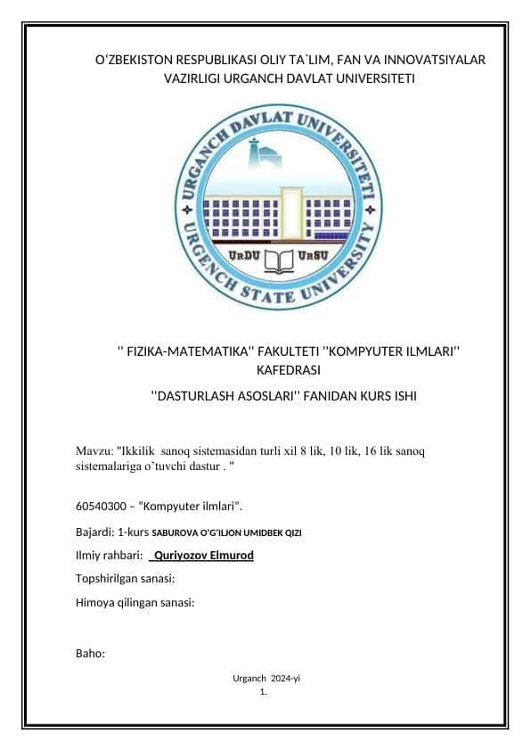 ''Ikkilik sanoq sistemasidan turli xil 8 lik, 10 lik, 16 lik sanoq sistemalariga o’tuvchi dastur