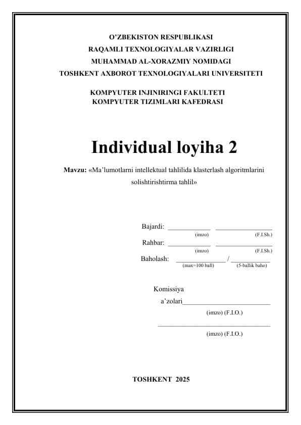 Ma'lumotlarni intellektual tahlilida klasterlash algoritmlarining solishtirma tahlili. Individual loyiha ishi.