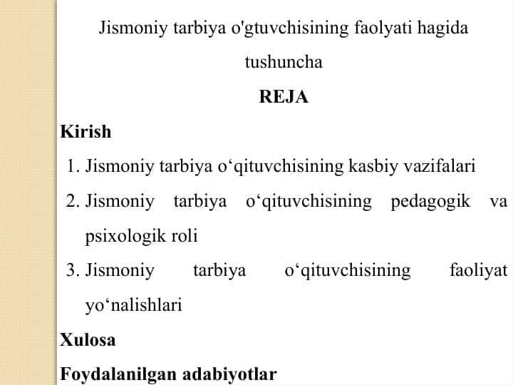 Jismoniy tarbiya o'qituvchisining faoliyati haqida tushuncha