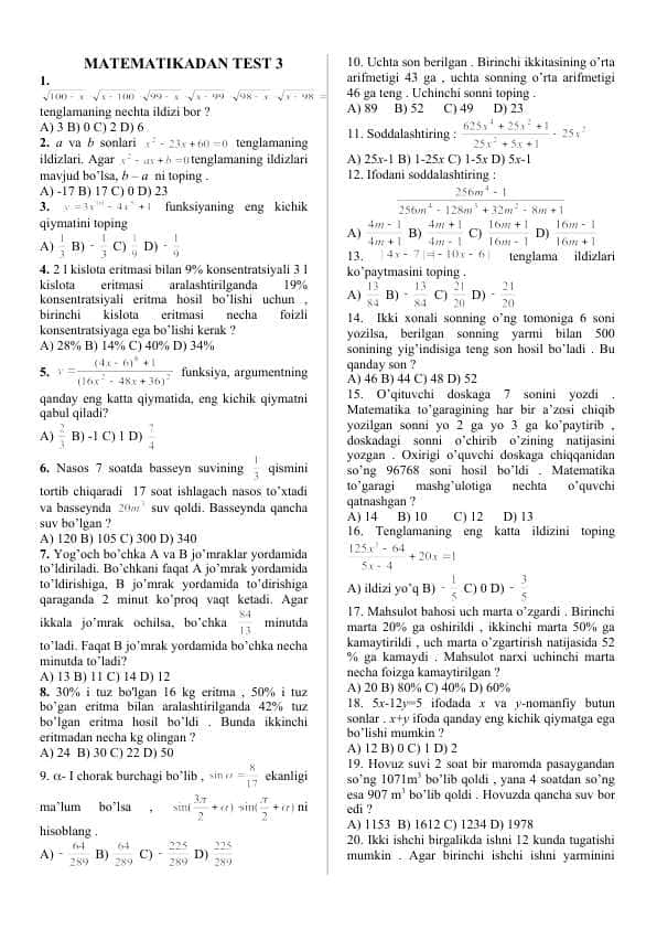 MATEMATIKADAN TEST-3 36-talik kaliti bor