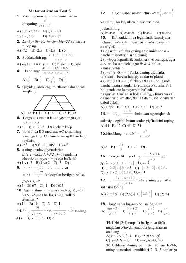 MATEMATIKADAN TEST-5 36-talik kaliti bor