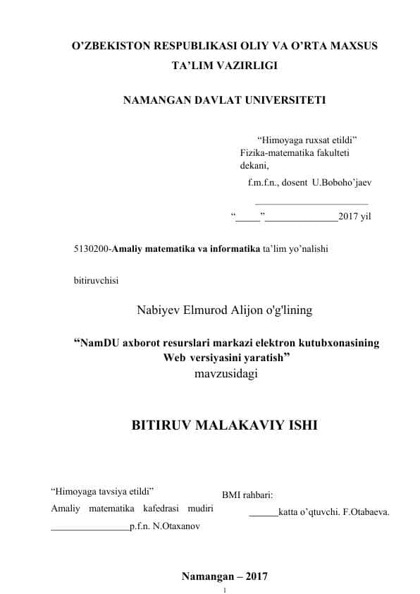 NamDU axborot resurslari markazi elektron kutubxonasining Web versiyasini yaratish