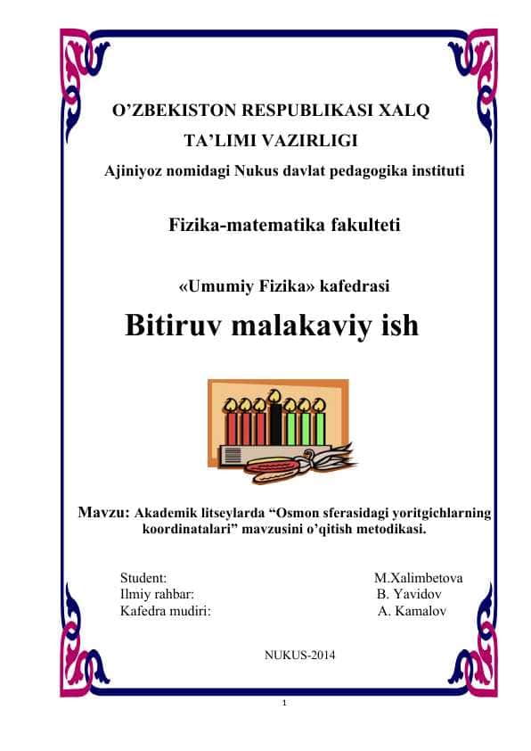 Akademik litseylarda “Osmon sferasidagi yoritgichlarning koordinatalari