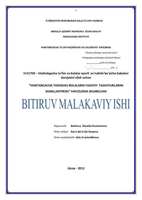 MAKTABGACHA YOSHDAGI BOLALARNI FAZOVIY TASAVVURLARINI SHAKLLANTIRISH