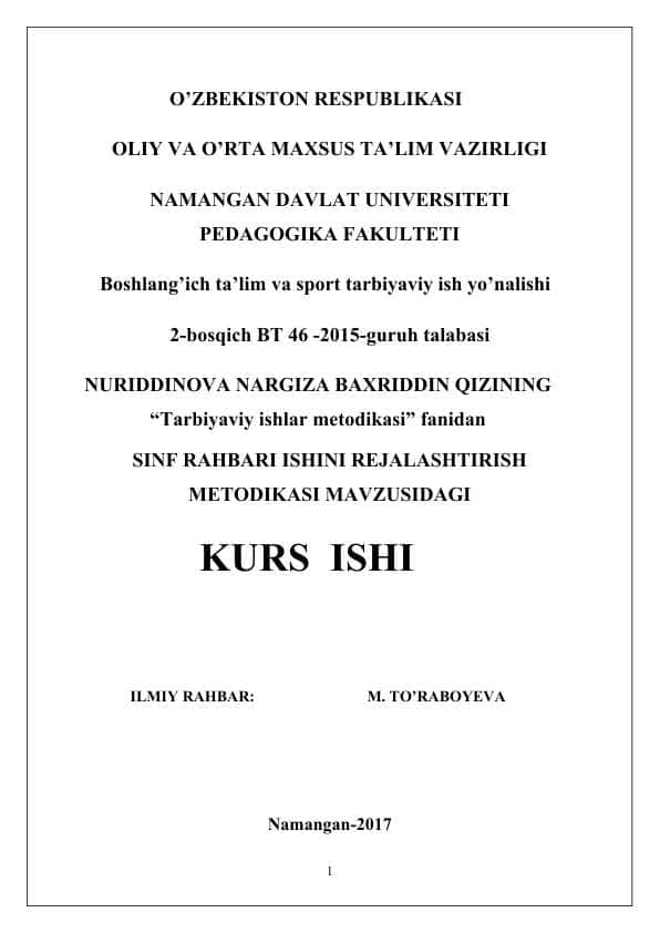 SINF RAHBARI ISHINI REJALASHTIRISH METODIKASI