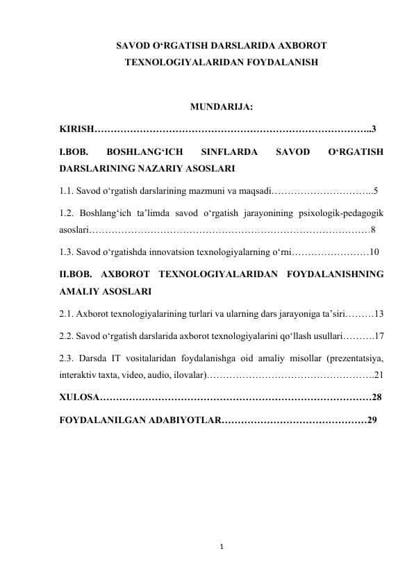 SAVOD O‘RGATISH DARSLARIDA AXBOROT TEXNOLOGIYALARIDAN FOYDALANISH