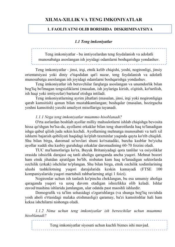 Xilma-xillik va teng imkoniyatlar