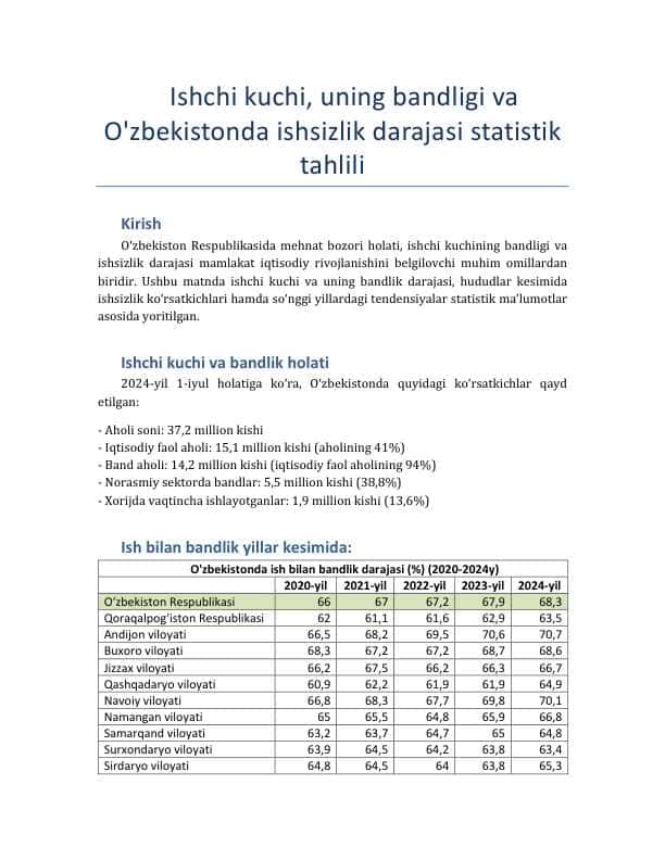 Ishchi kuchi, uning bandligi va O'zbekistonda ishsizlik darajasi statistik tahlili