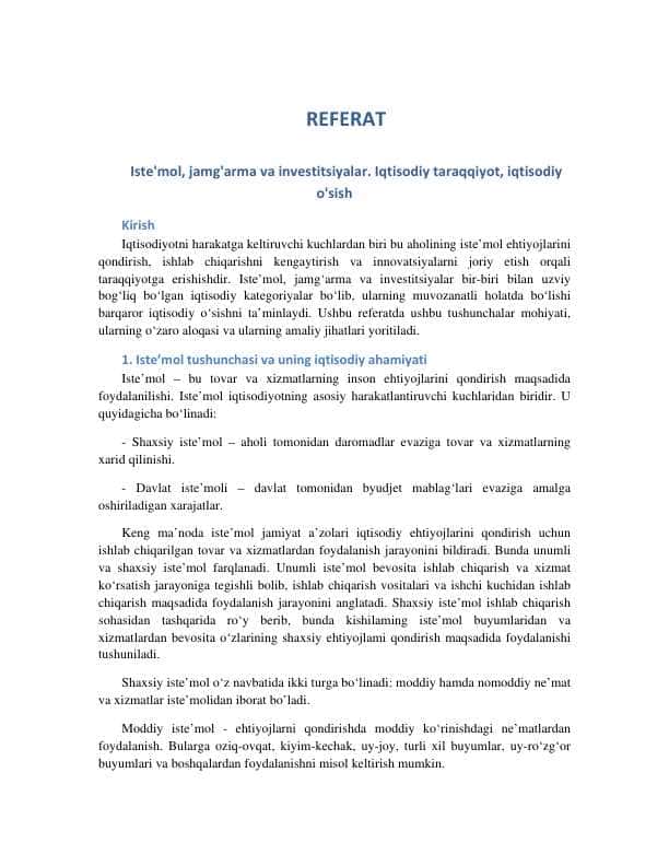 Iste'mol, jamg'arma va investitsiyalar. Iqtisodiy taraqqiyot, iqtisodiy o'sish
