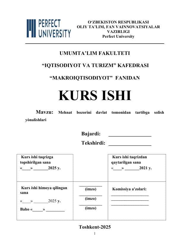 Mehnat bozorini davlat tomonidan tartibga solish yònalishlari