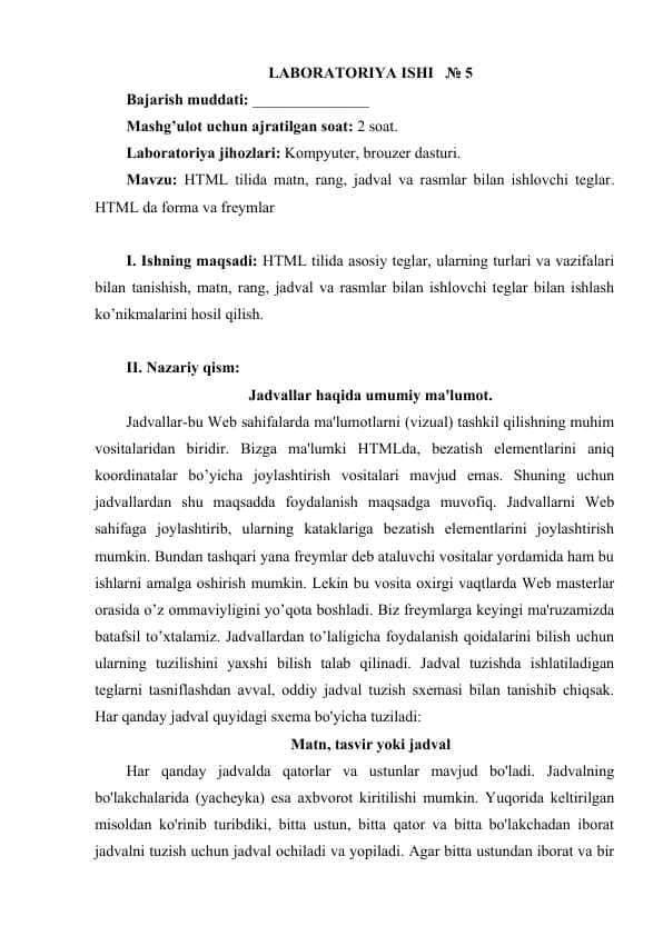HTML tilida matn, rang, jadval va rasmlar bilan ishlovchi teglar. HTML da forma va freymlar