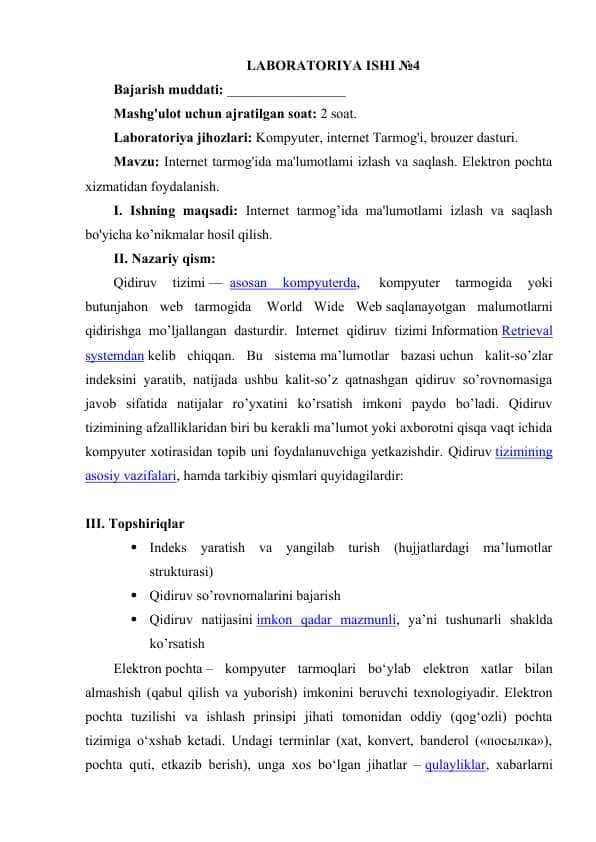 Internet tarmog'ida ma'lumotlami izlash va saqlash. Elektron pochta xizmatidan foydalanish.