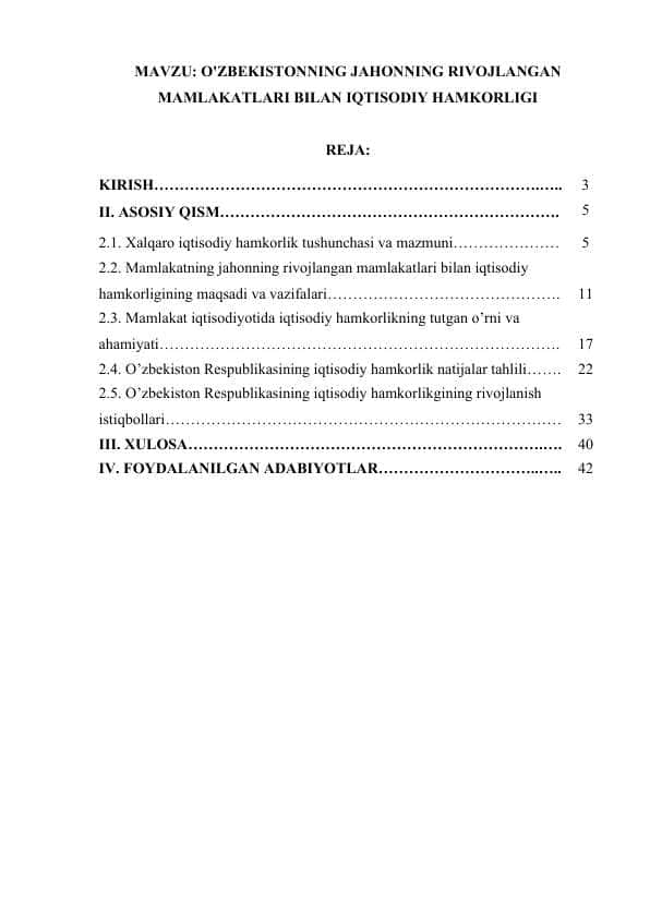 O'ZBEKISTONNING JAHONNING RIVOJLANGAN MAMLAKATLAR BILAN IQTISODIY HAMKORLIGI. global iqtisodiy rivojlanish fani.docx