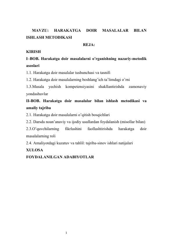 HARAKATGA DOIR MASALALAR BILAN ISHLASH METODIKASI
