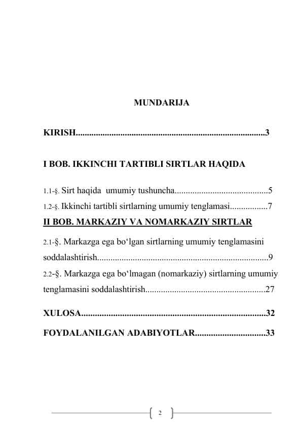 Markaziy va nomarkaziy sirtlarning tenglamasini kanonik ko‘rinishi kurs ishi