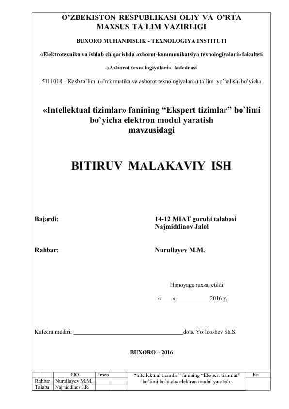 «Intellektual tizimlar» fanining “Ekspert tizimlar” bo`limi bo`yicha elektron modul yaratish