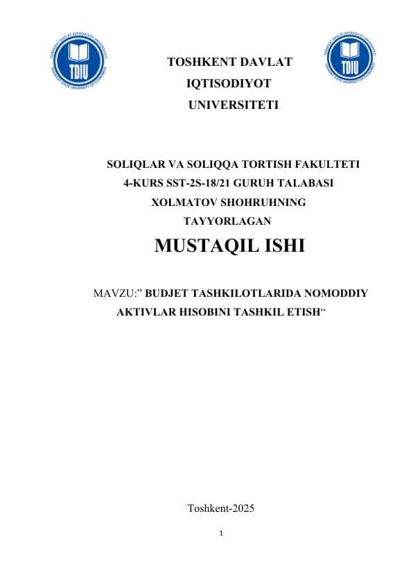 BUDJET TASHKILOTLARIDA NOMODDIY AKTIVLAR HISOBINI TASHKIL ETISH