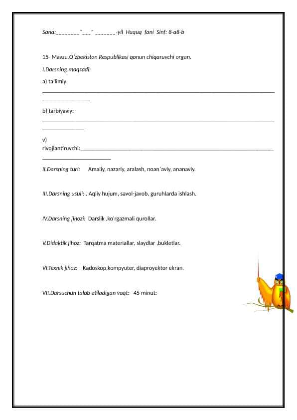 15- Mavzu.O`zbekiston Respublikasi qonun chiqaruvchi organ. 8-sinf huquq.docx