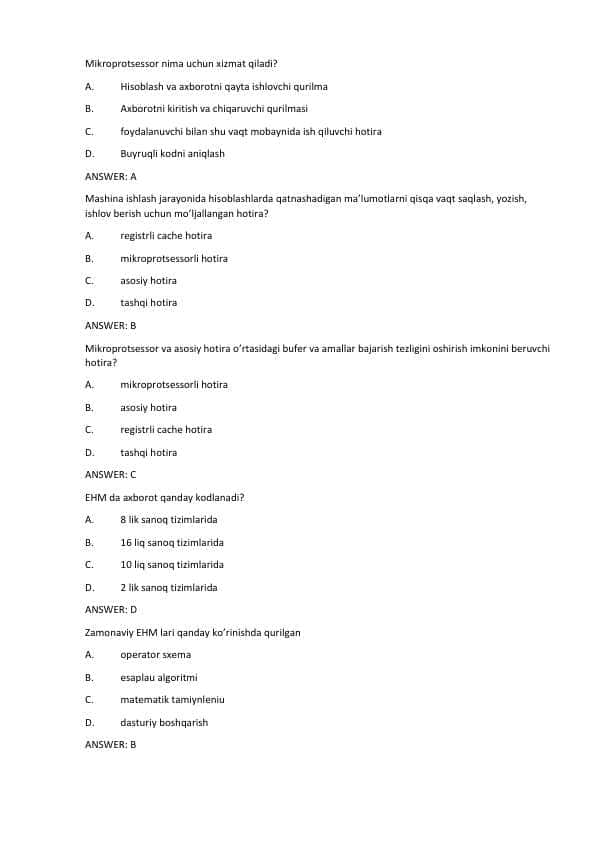 axborot kommunikatsiya texnologiyalari testlar javoblari