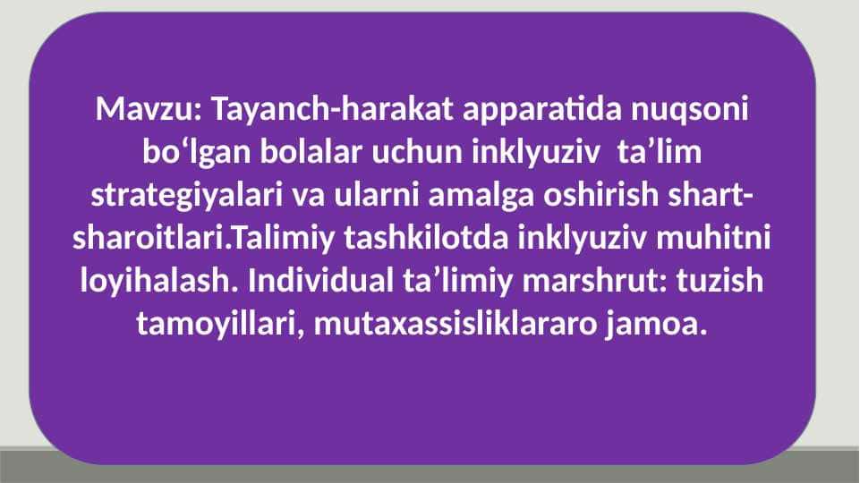 Tayanch-harakat apparatida nuqsoni bo‘lgan bolalar uchun inklyuziv ta’lim strategiyalari va ularni amalga oshirish shart-sharoitlari.Talimiy tashkilotda inklyuziv muhitni loyihalash. Individual ta’limiy marshrut: tuzish tamoyillari, mutaxassisliklararo jamoa