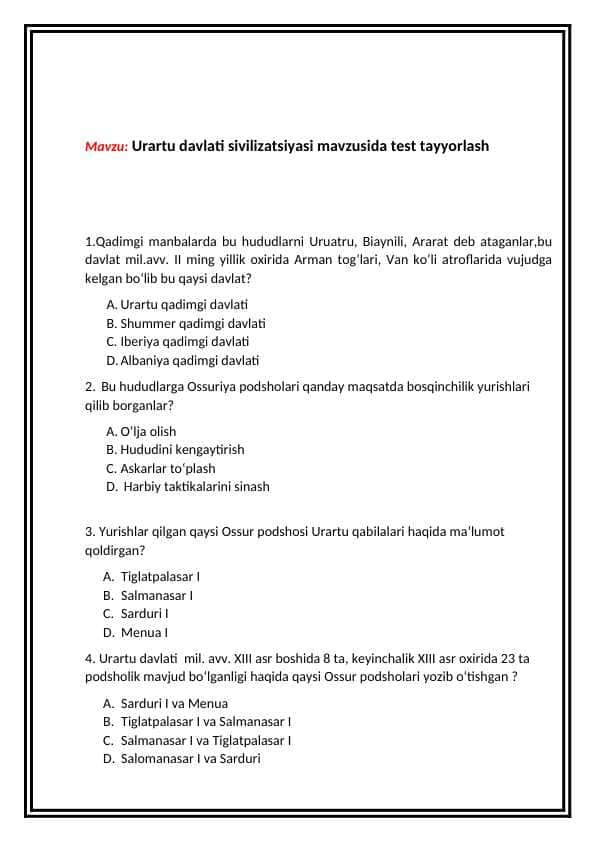 Urartu davlati sivilizatsiyasi mavzusida test tayyorlash