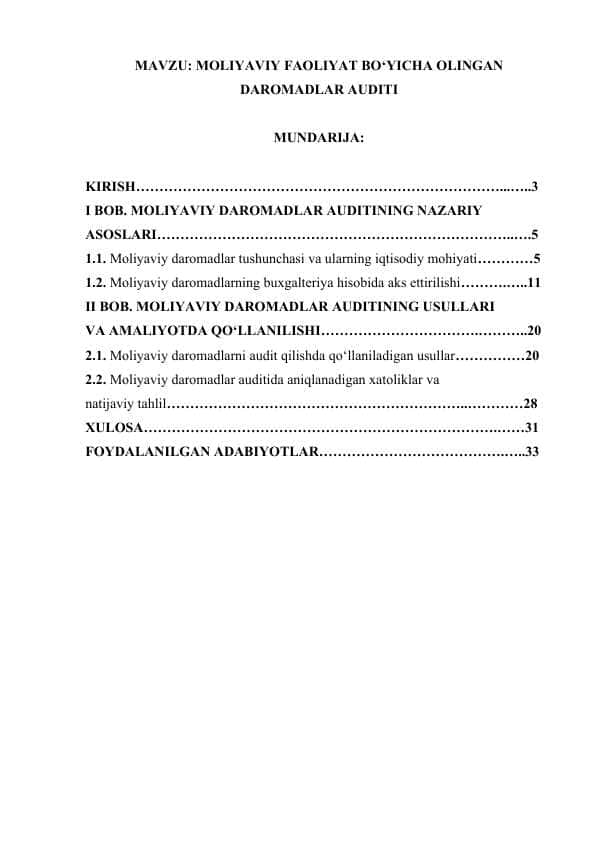 MOLIYAVIY FAOLIYAT BO‘YICHA OLINGAN DAROMADLAR AUDITI.doc