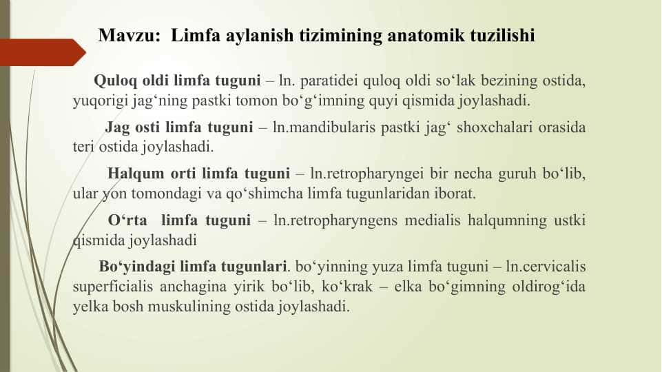 Limfa aylanish tizimining anatomik tuzilishi