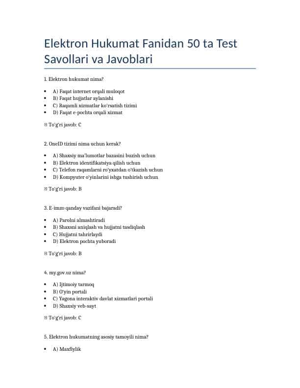 E-Hukumat 50 ta test javoblari bilan