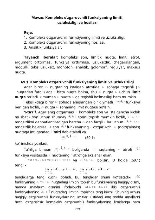 Kompleks о‘zgaruvchili funksiyaning limiti, uzluksizligi va hosilasi