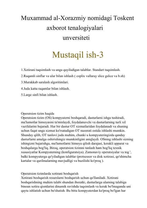 Xotirani taqsimlash va unga quyiladigan talablar. Standart taqsimlash.
