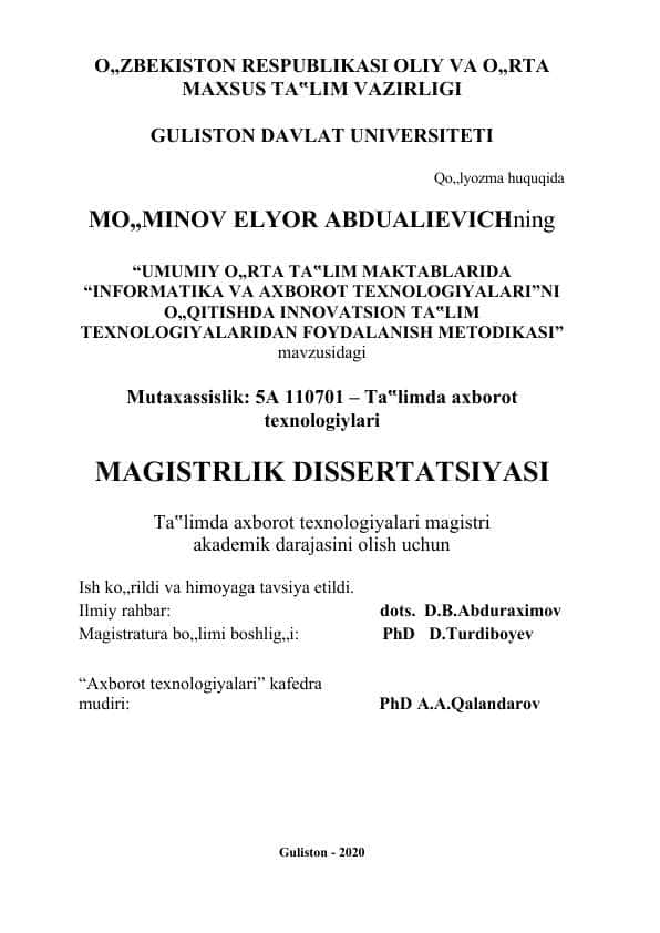 UMUMIY O'RTA TA'LIM MAKTABLARIDA “INFORMATIKA VA AXBOROT TEXNOLOGIYALARI”NI O„QITISHDA INNOVATSION TA'LIM TEXNOLOGIYALARIDAN FOYDALANISH METODIKASI