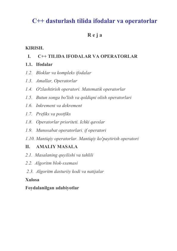 C++ dasturlash tilida ifodalar va operatorlar