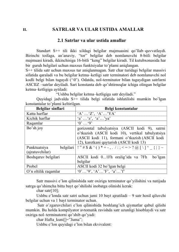 Satrlar ular ustida amallar